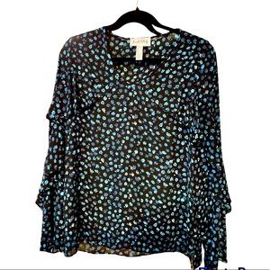 Joseph Ribkoff mini blue floral blouse ruffled long sleeves